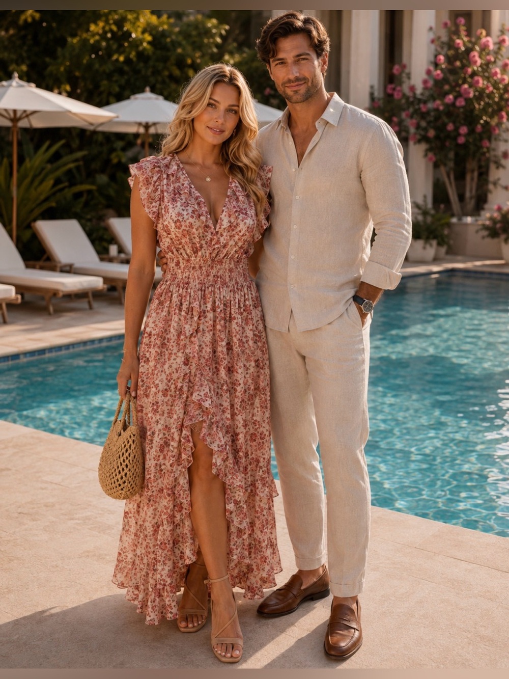 Misa Los Angeles Cream Floral Ruffled Maxi Dress with Red & Pink Print